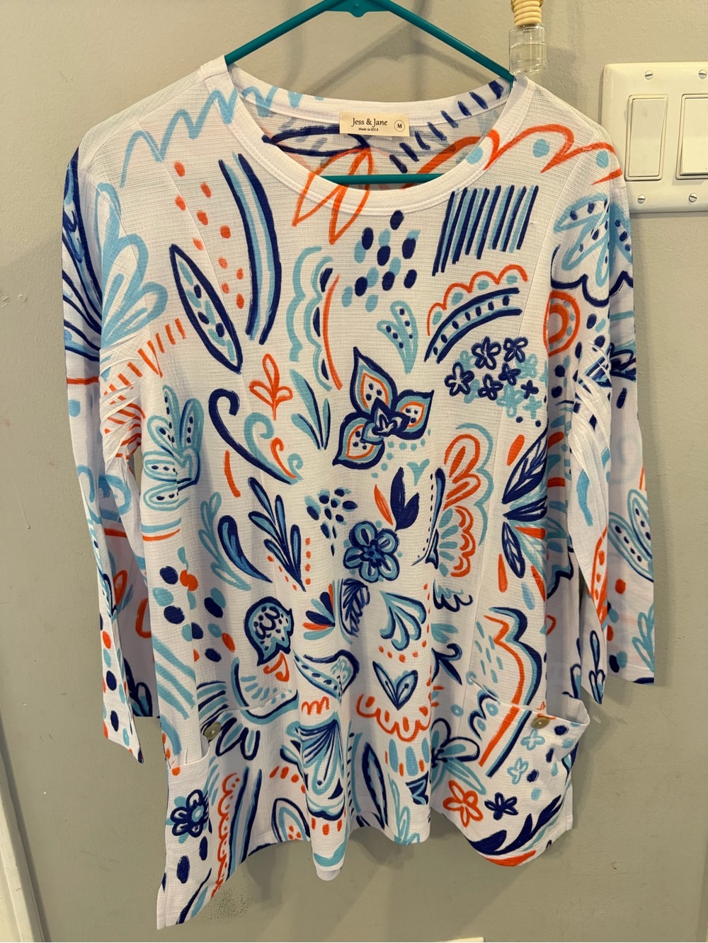 Jess And Jane Made in USA White Floral-Print Tunic with Blue and Orange Motif